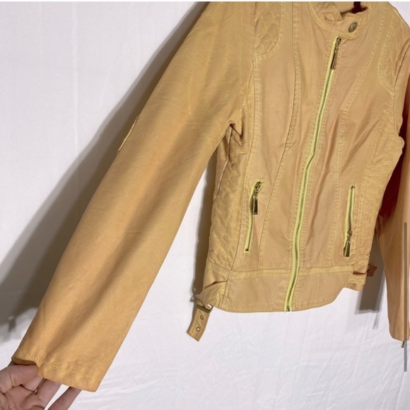 Vintage Roosevelt American College Dyed Yellow Distressed Faux Leather Jacket M - Picture 6 of 16